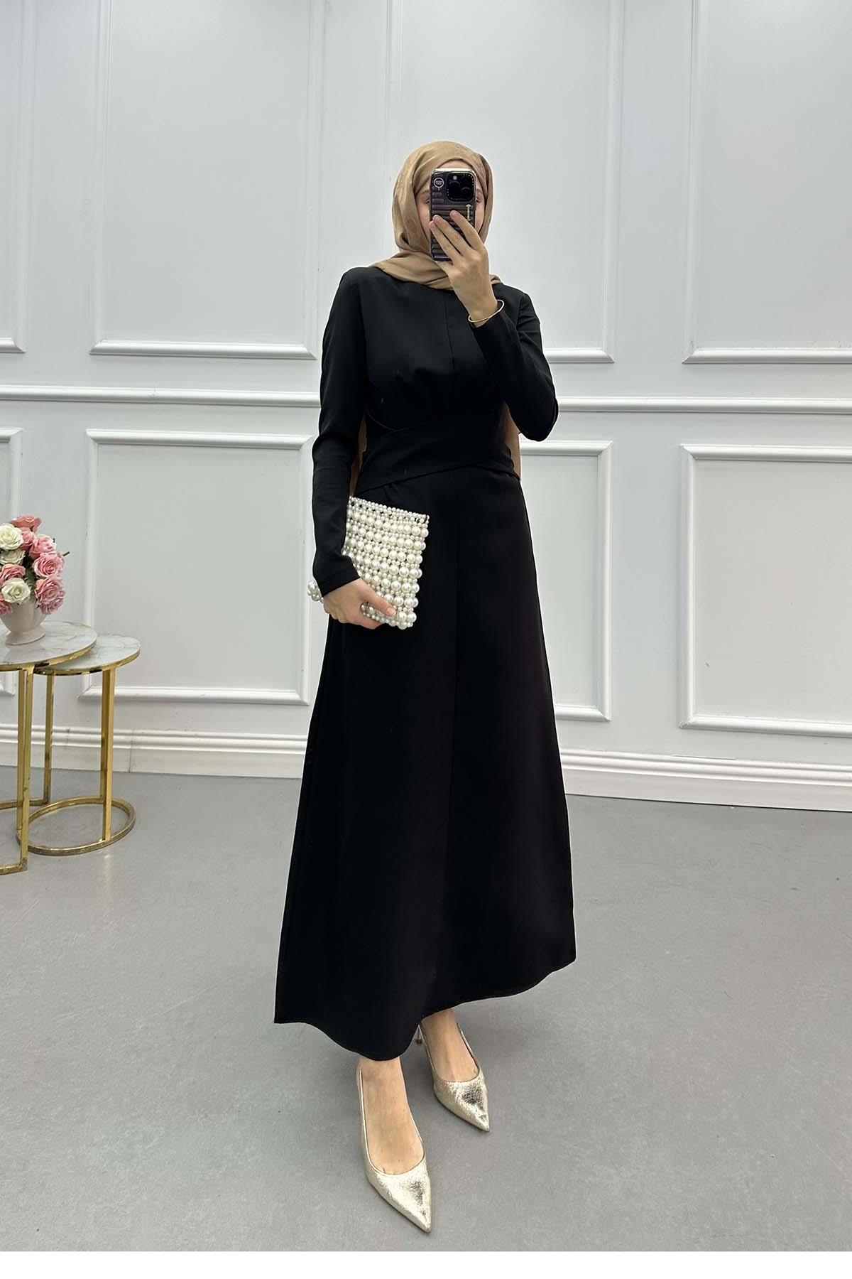 Sare Fashion Waist Detailed Crepe Dress Black Sare Fashion Waist Detailed Crepe Dress Black