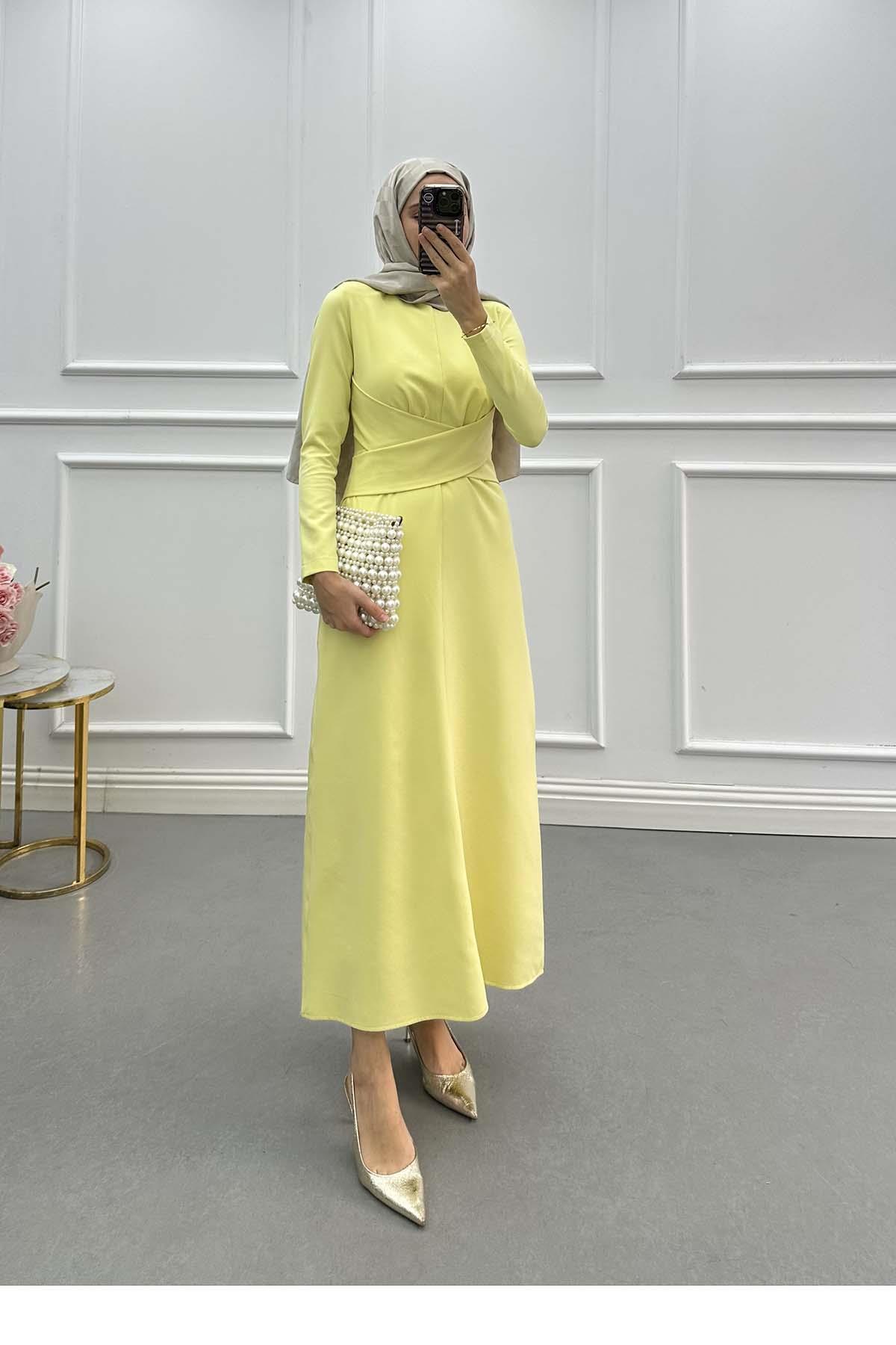 Sare Fashion Waist Detailed Crepe Dress Oil Yellow Sare Fashion Waist Detailed Crepe Dress Oil Yellow