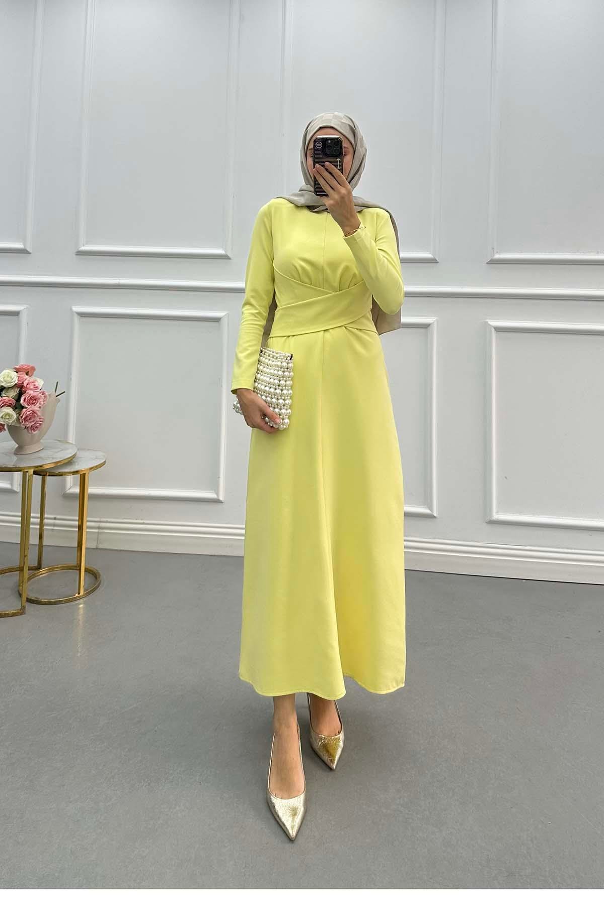 Sare Fashion Waist Detailed Crepe Dress Oil Yellow