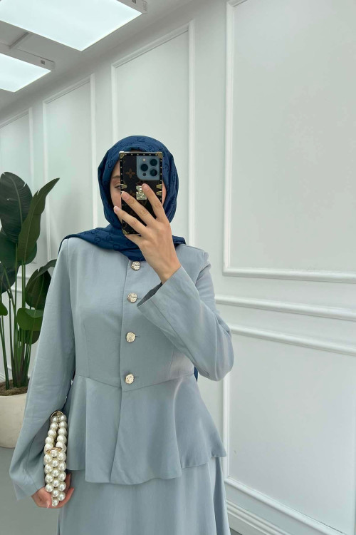 Sare Fashion Waist Detailed Tencel Two Piece Set Baby Blue