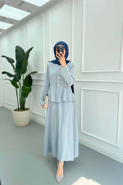Sare Fashion Waist Detailed Tencel Two Piece Set Baby Blue