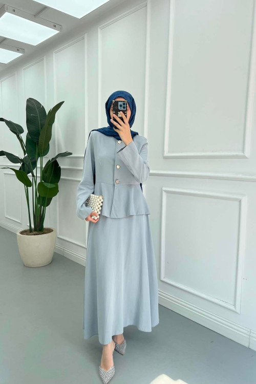 Sare Fashion Waist Detailed Tencel Two Piece Set Baby Blue