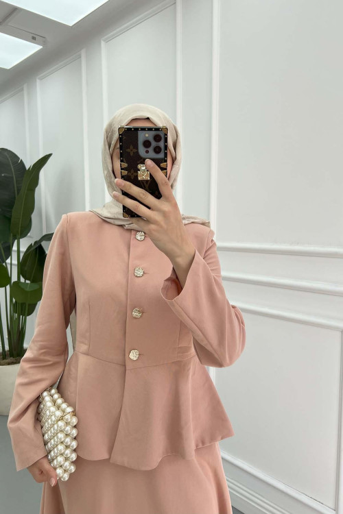 Sare Fashion Waist Detailed Tencel Two Piece Set Powder