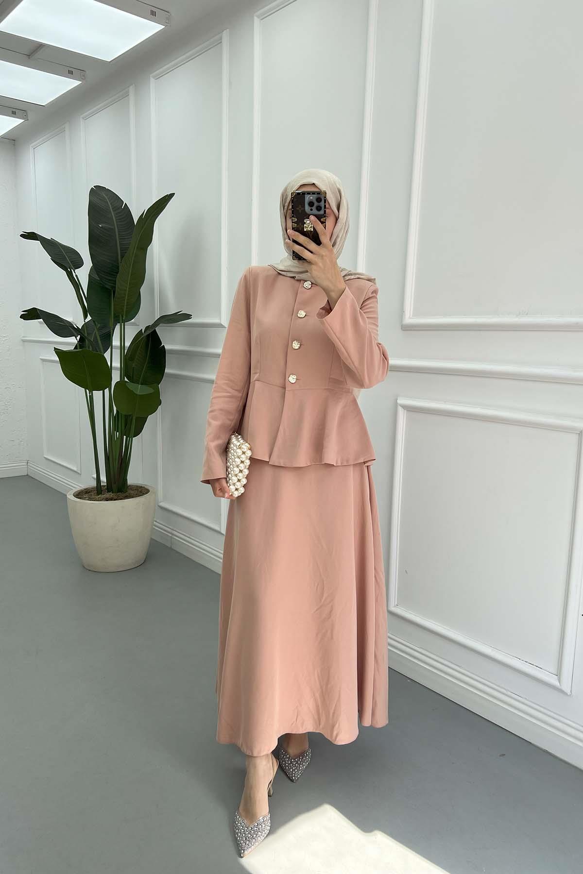 Sare Fashion Waist Detailed Tencel Two Piece Set Powder