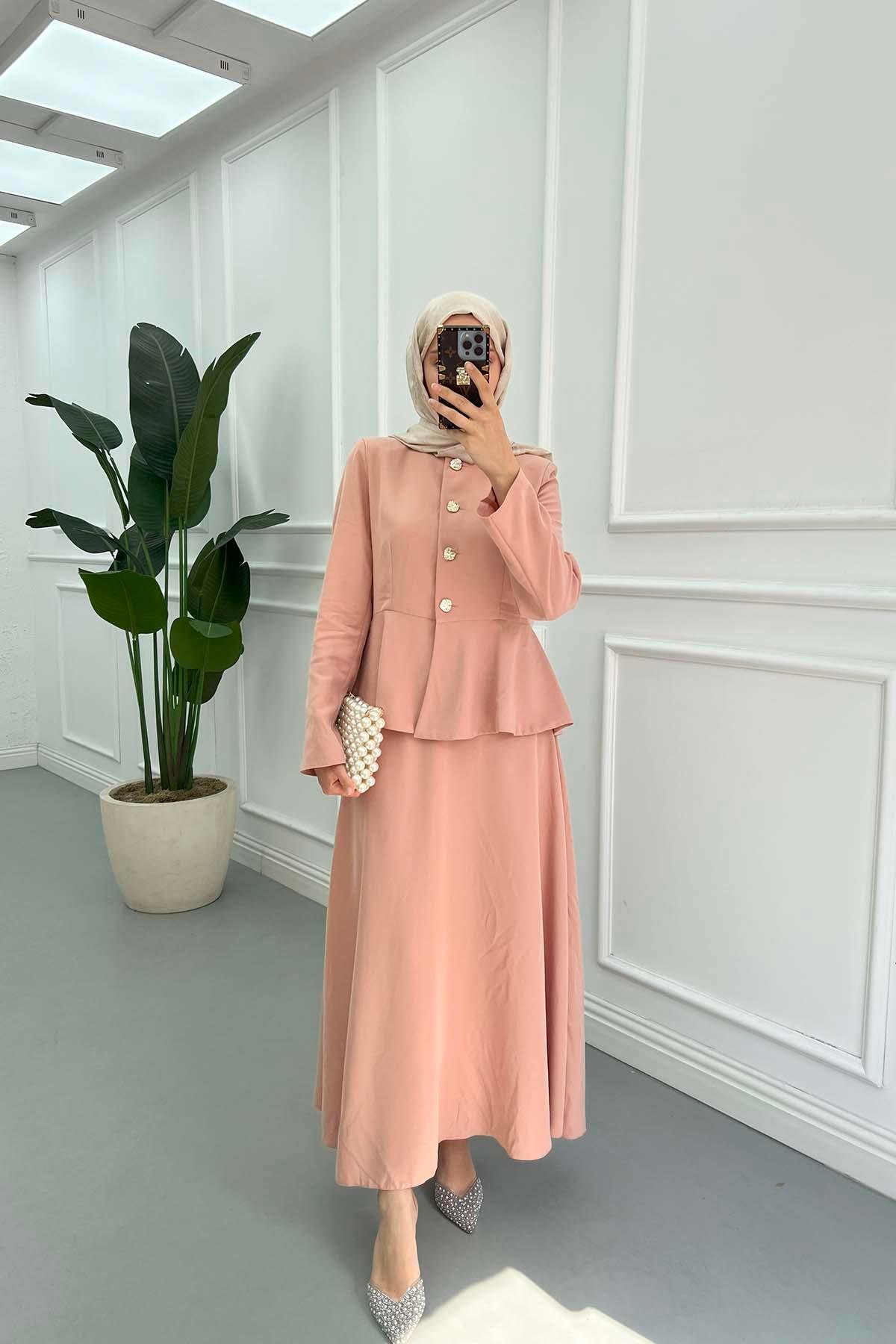 Sare Fashion Waist Detailed Tencel Two Piece Set Powder