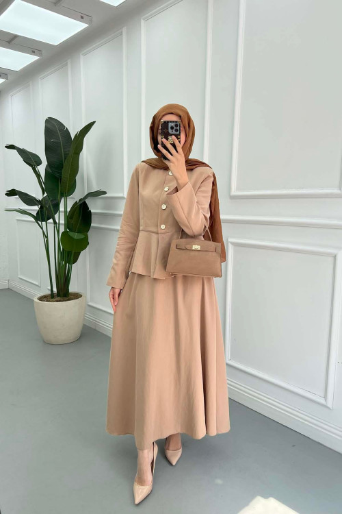 Sare Fashion Waist Detailed Tencel Two Piece Set Milky Coffee