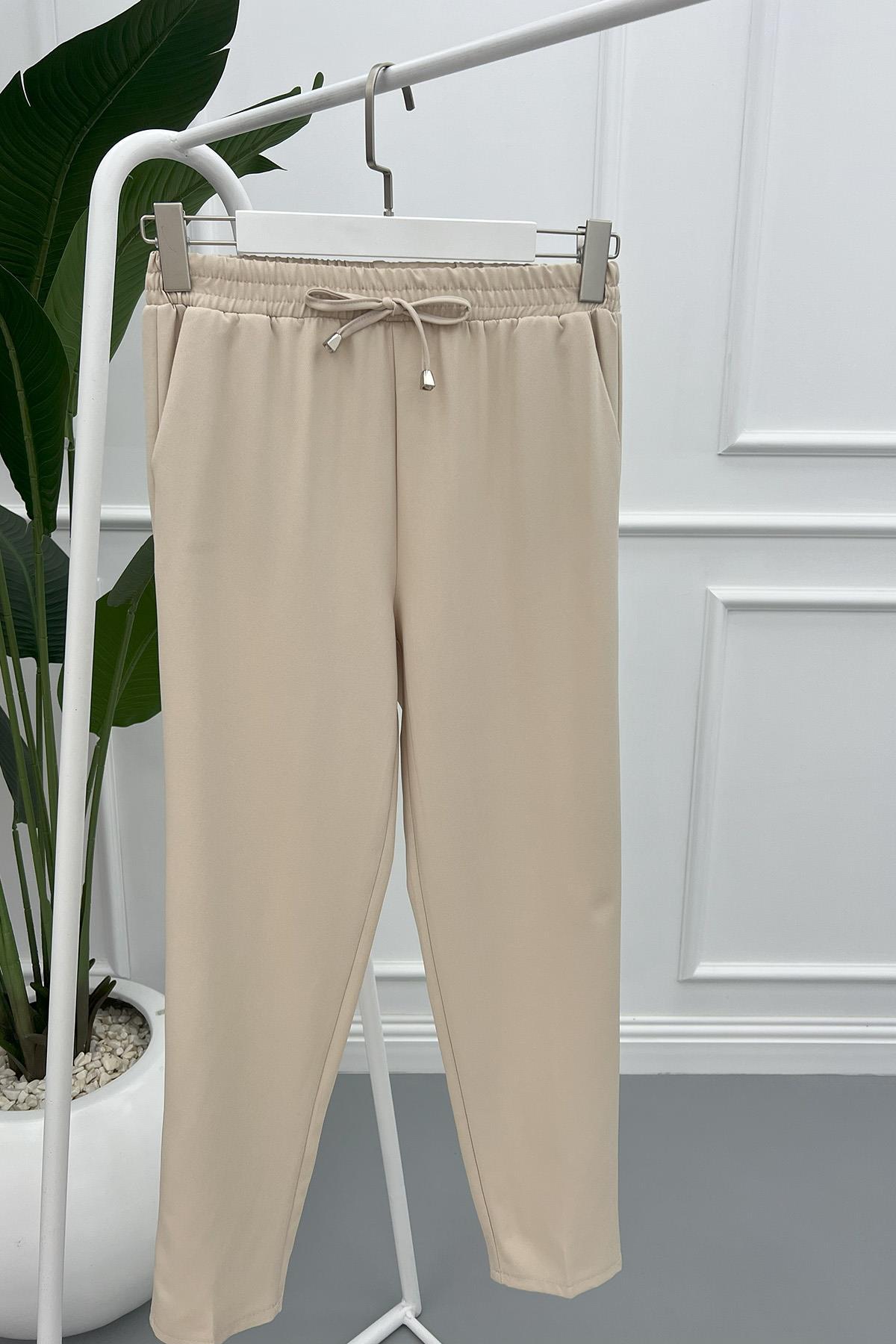 Elastic Waist Fabric Trousers Beige
