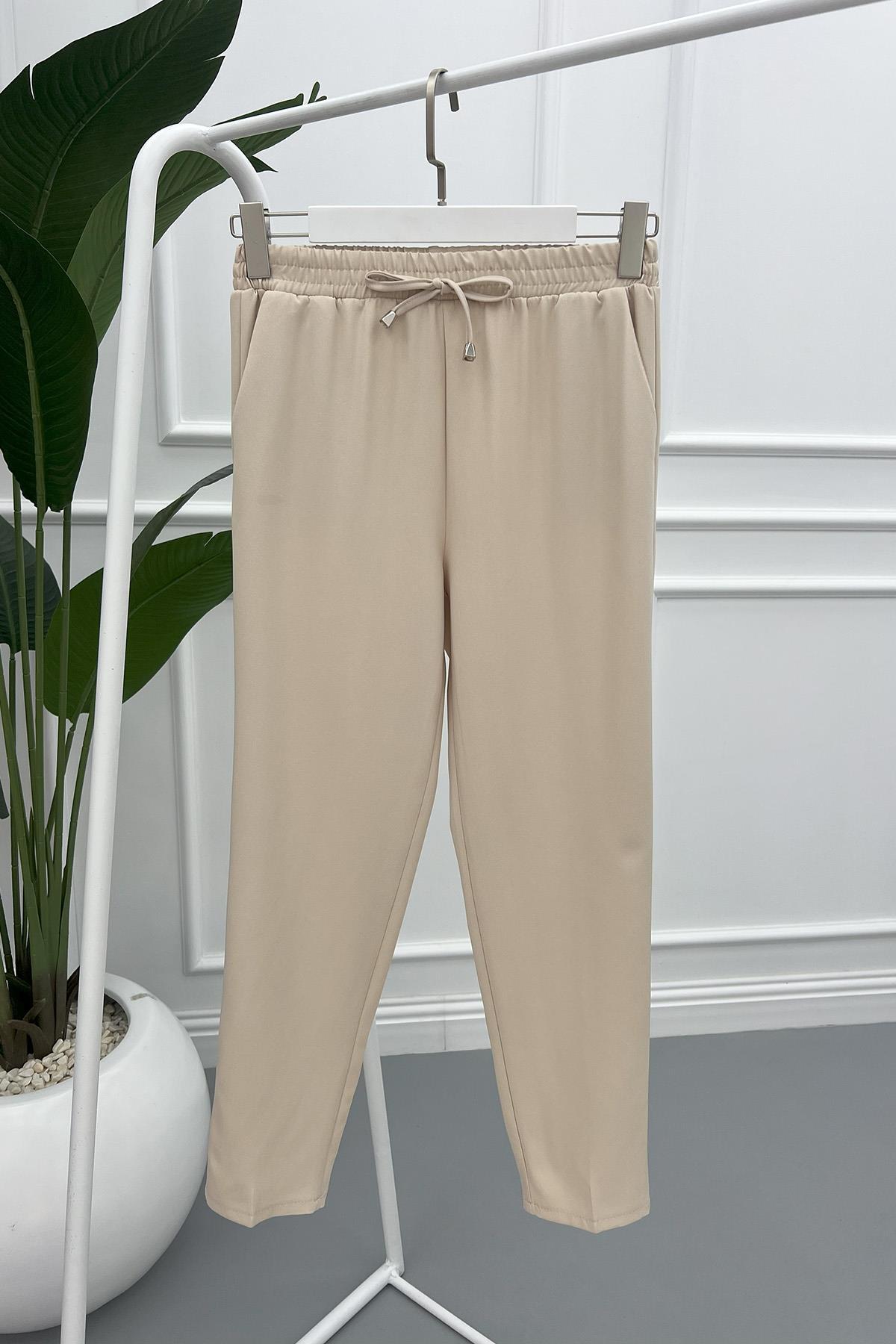 Elastic Waist Fabric Trousers Beige