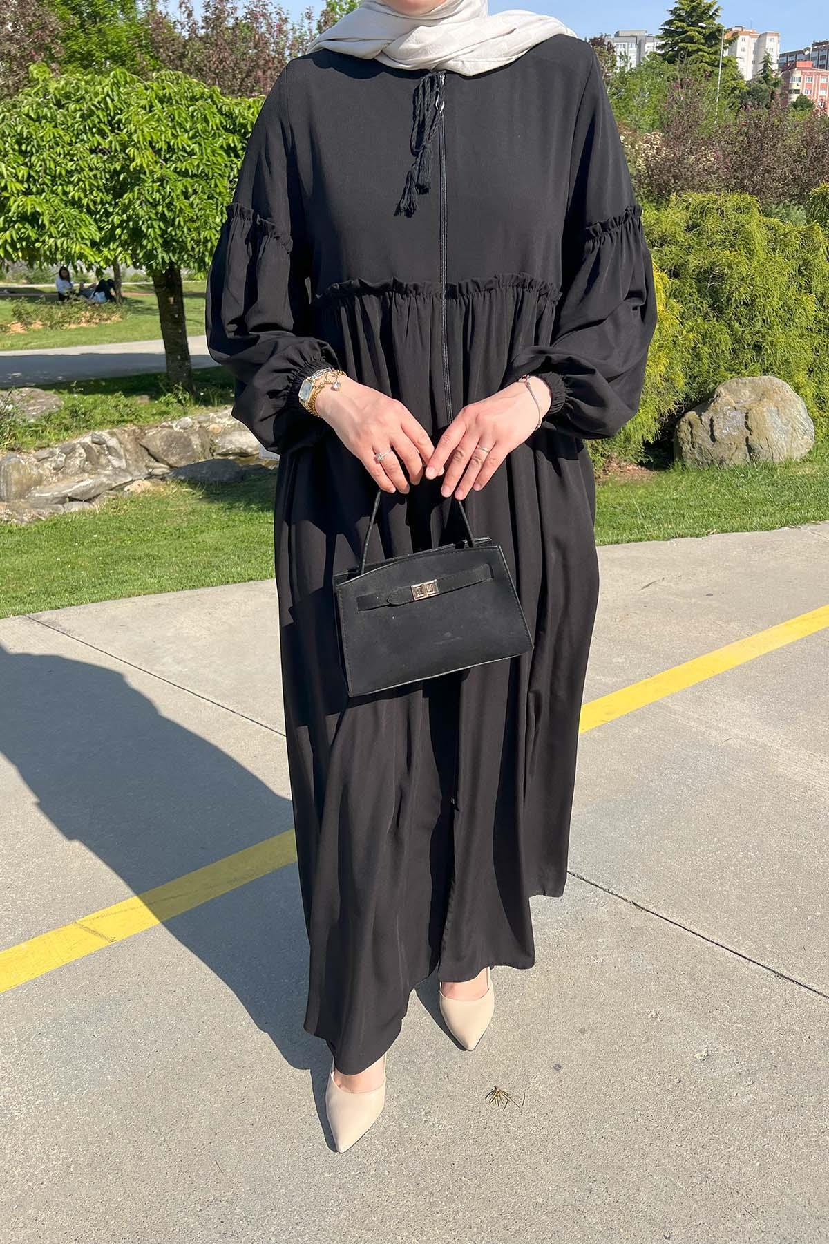 Sare Fashion Waist and Sleeve Gathered Abaya Black