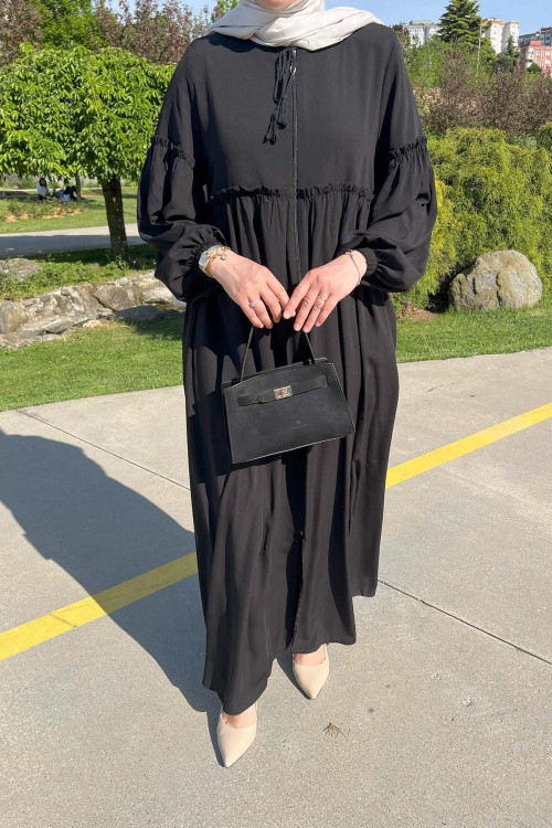 Sare Fashion Waist and Sleeve Gathered Abaya Black