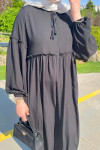 Sare Fashion Waist and Sleeve Gathered Abaya Black