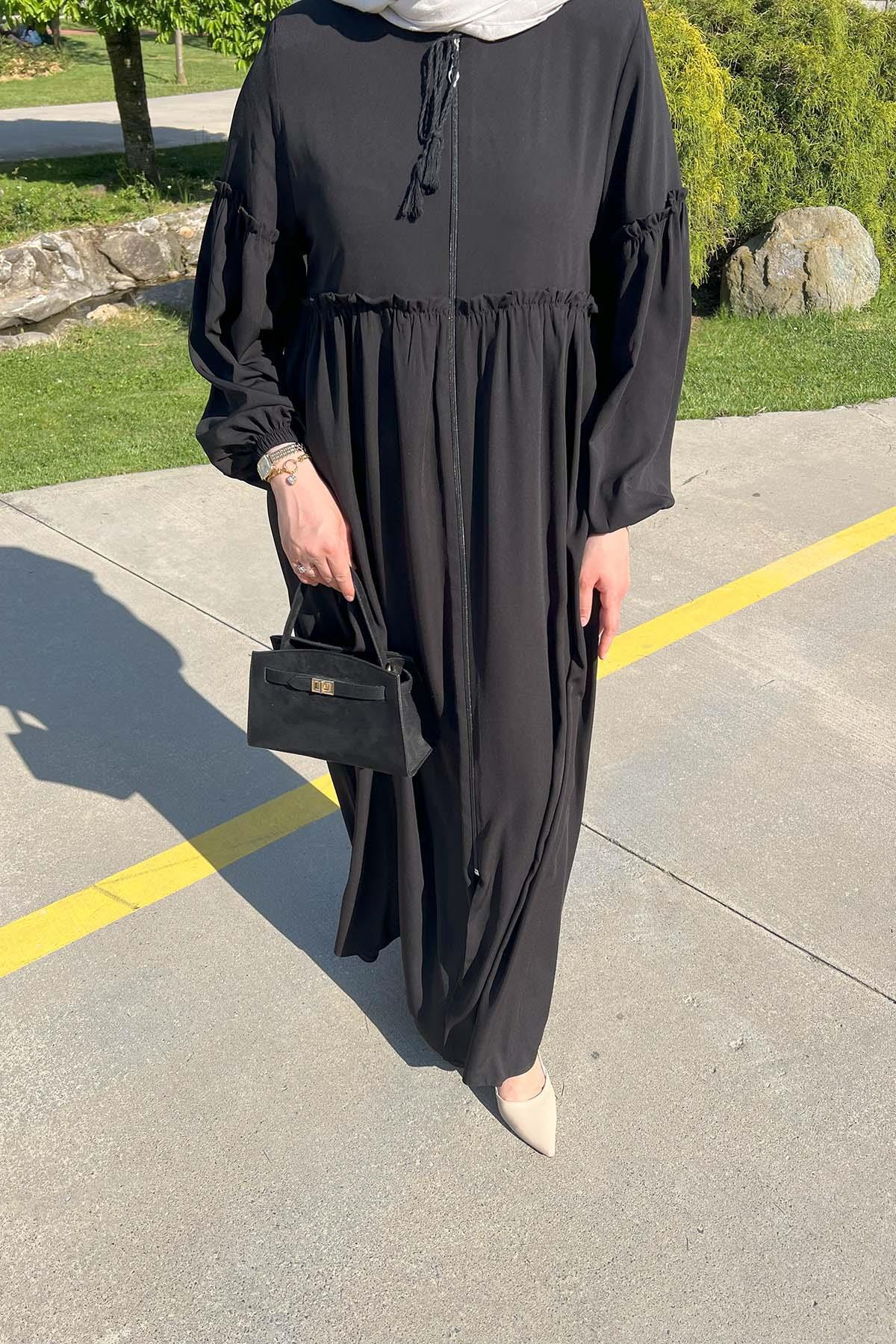 Sare Fashion Waist and Sleeve Gathered Abaya Black