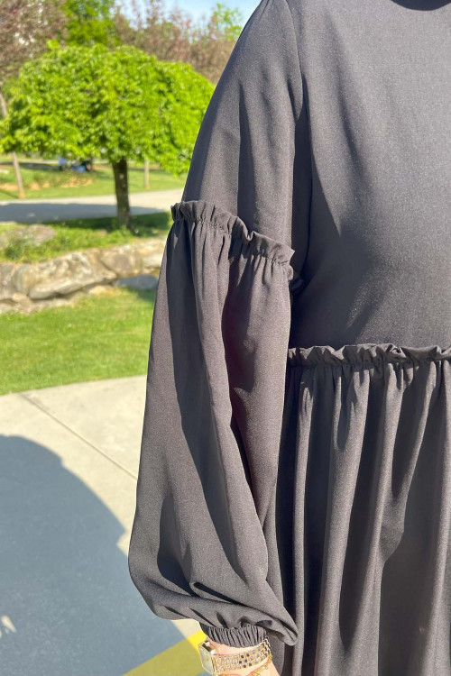 Sare Fashion Waist and Sleeve Gathered Abaya Black