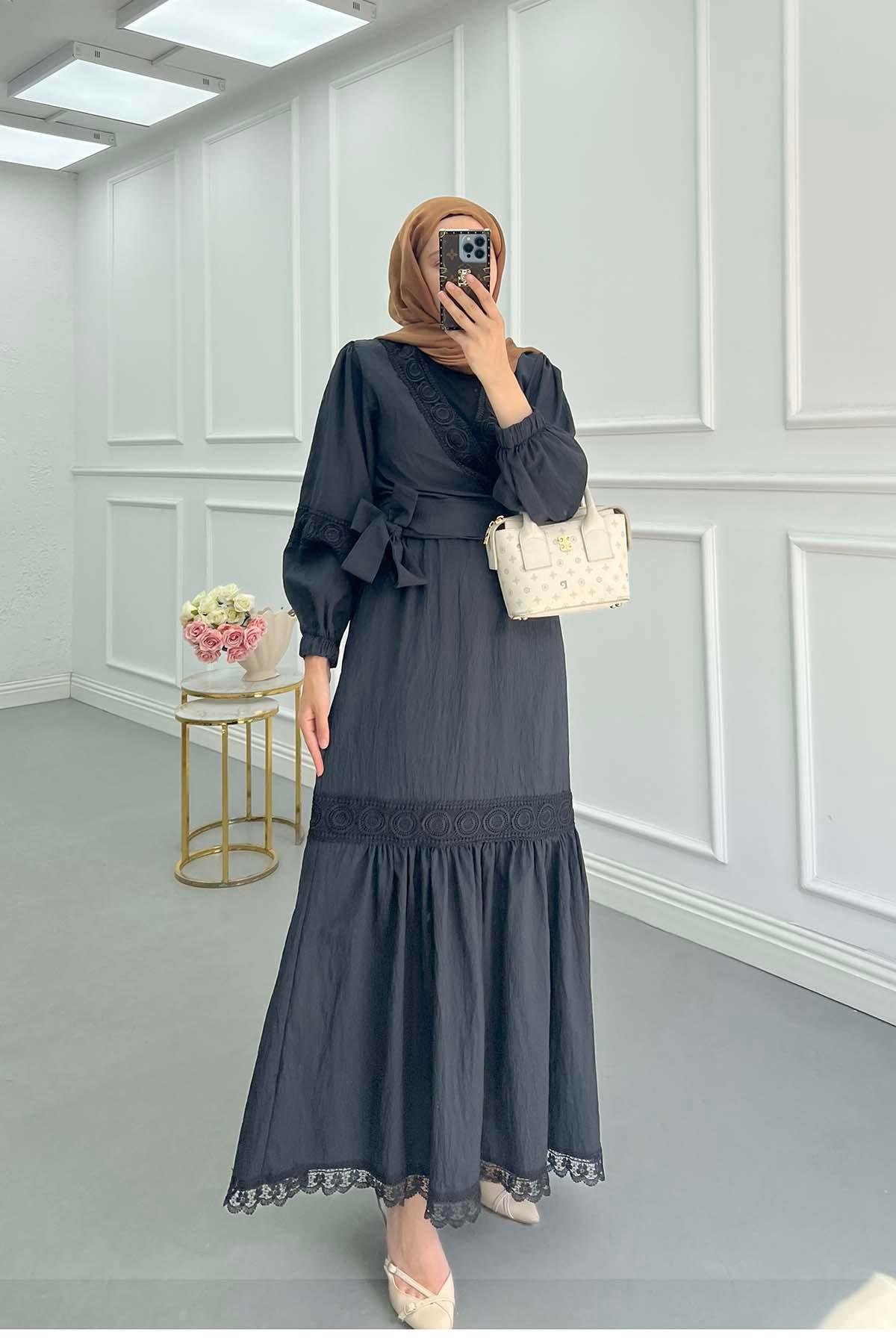 Sare Fashion Waist-Tied Lace Detailed Suit Black