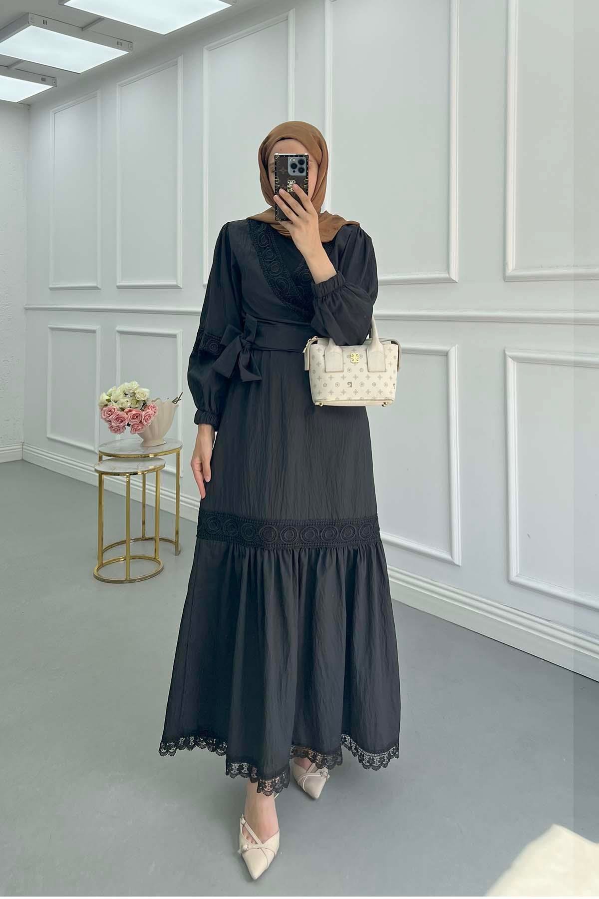 Sare Fashion Waist-Tied Lace Detailed Suit Black