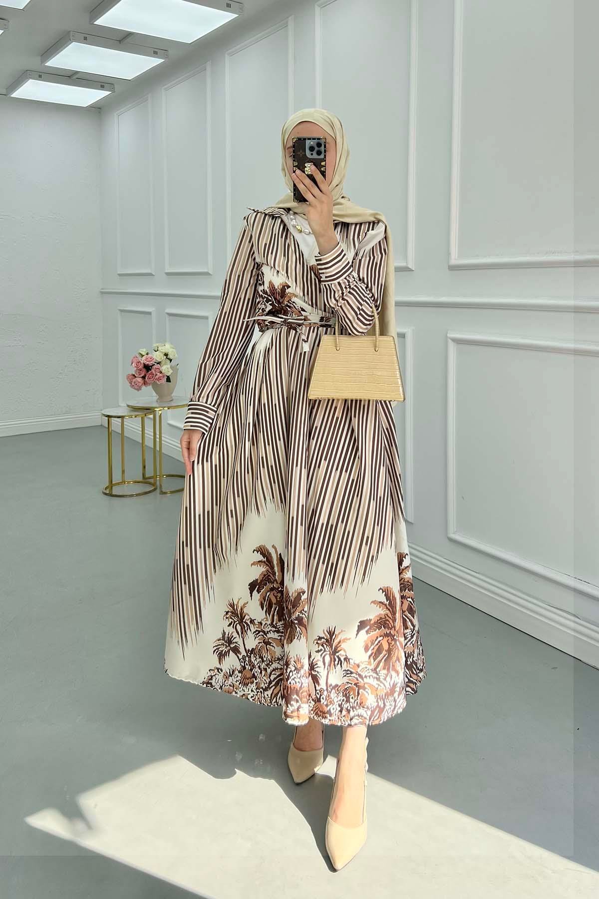 Sare Fashion Waist-Tie Skirt Lined Suit Brown