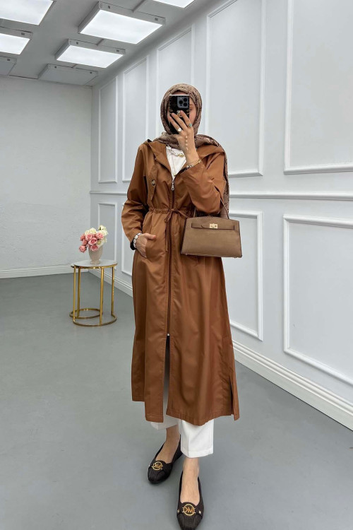 Sare Fashion Waist Tied Hooded Trench Coat Copper