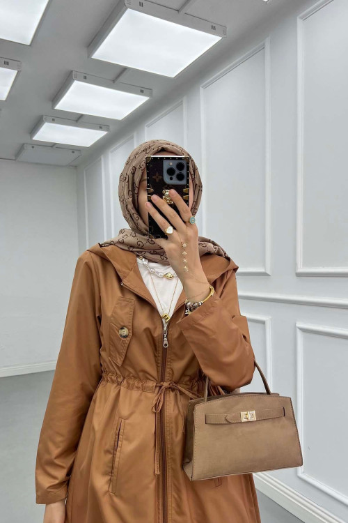 Sare Fashion Waist Tied Hooded Trench Coat Copper