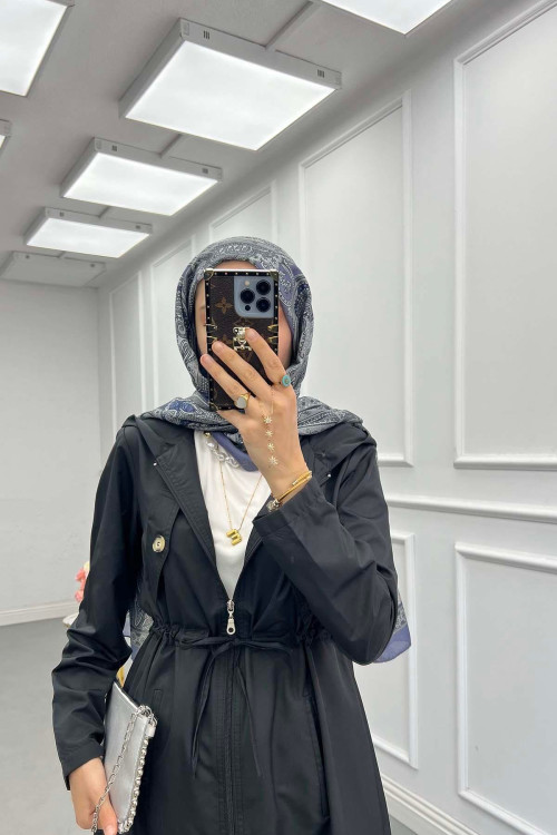 Sare Fashion Waist Tie Hooded Trench Coat Black