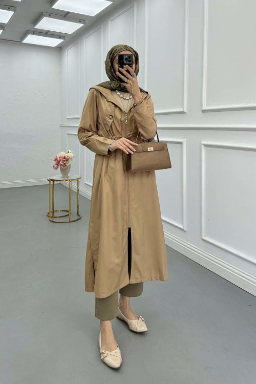 Sare Fashion Waist Tied Hooded Trench Coat Milky Coffee