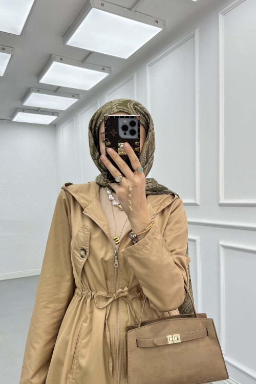 Sare Fashion Waist Tied Hooded Trench Coat Milky Coffee