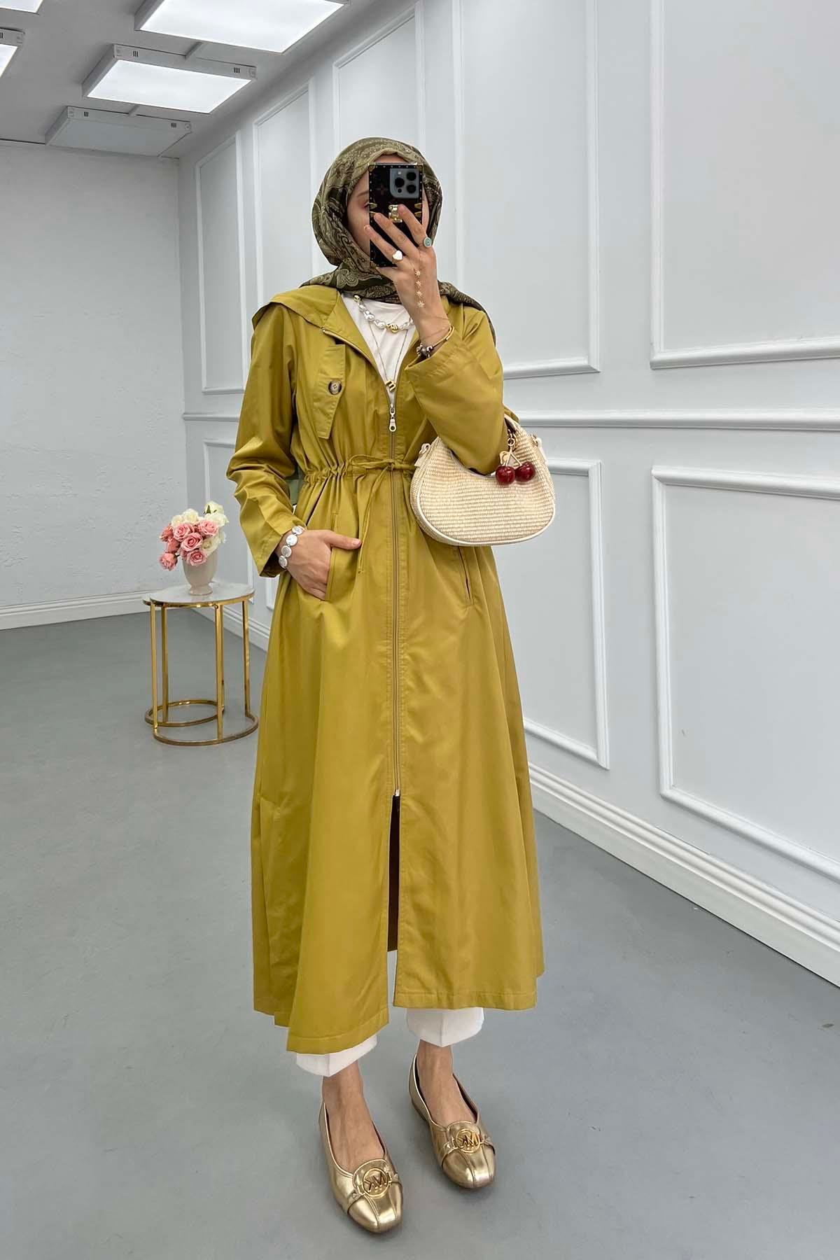 Sare Fashion Waist Tie Hooded Trench Coat Oil Green