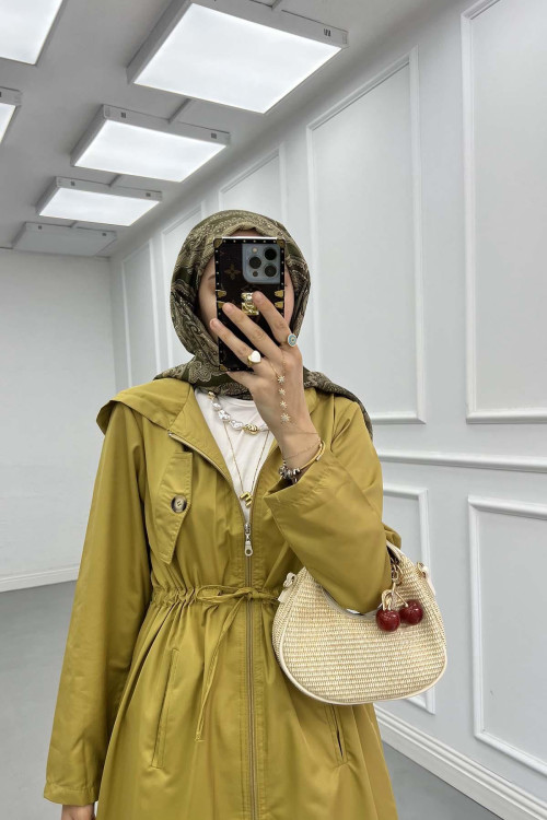 Sare Fashion Waist Tie Hooded Trench Coat Oil Green