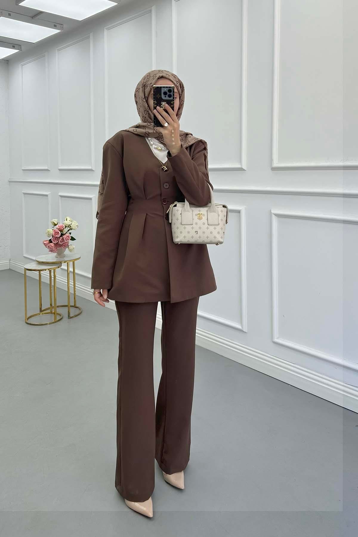 Sare Fashion Waist-Sealed Lined Jacket Set Brown