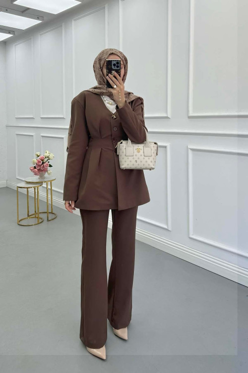 Sare Fashion Waist-Sealed Lined Jacket Set Brown
