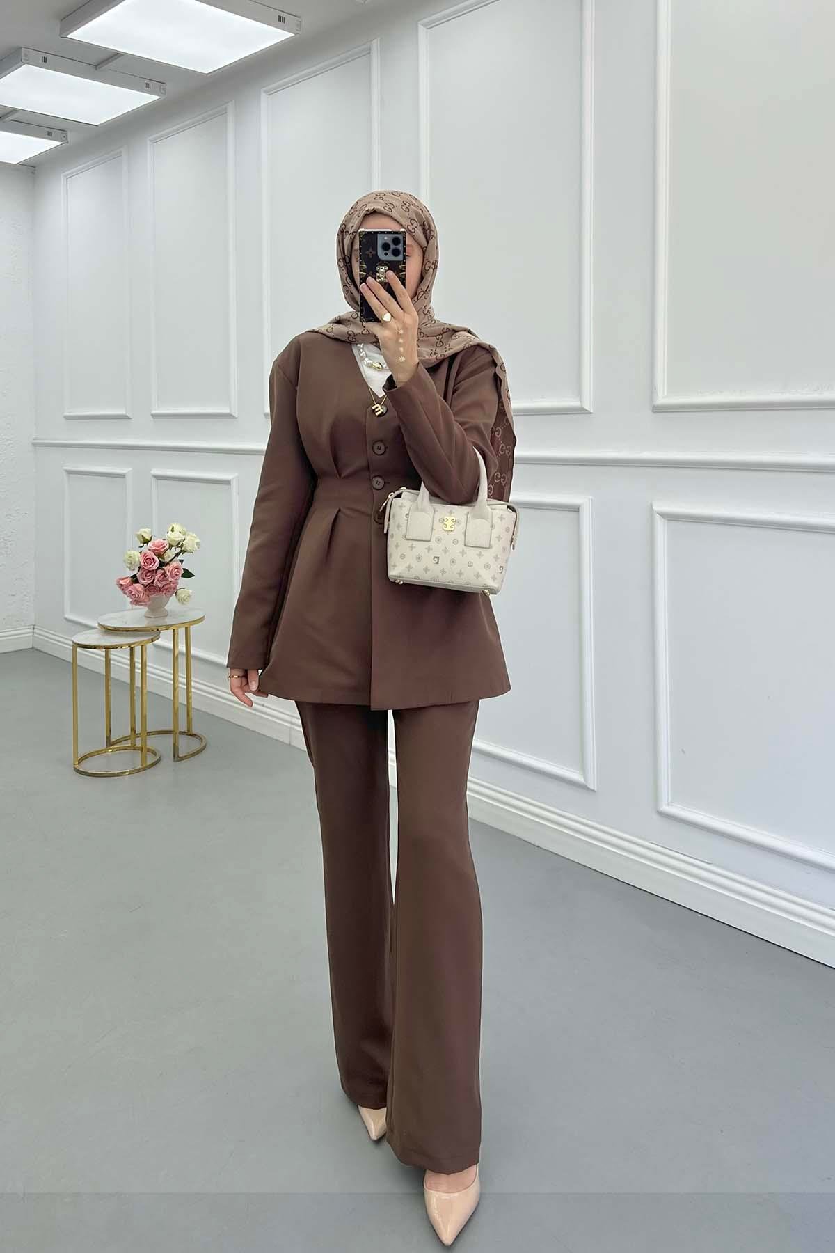 Sare Fashion Waist-Sealed Lined Jacket Set Brown