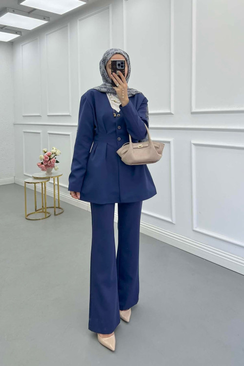 Sare Fashion Waist-Sealed Lined Jacket Set Navy Blue