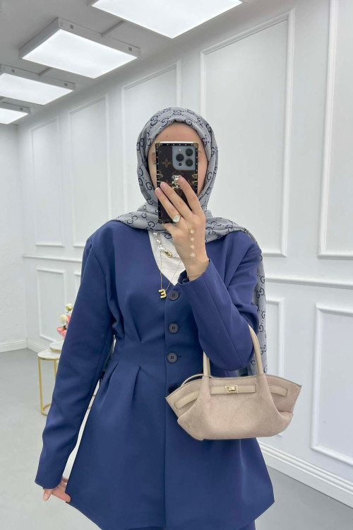 Sare Fashion Waist-Sealed Lined Jacket Set Navy Blue