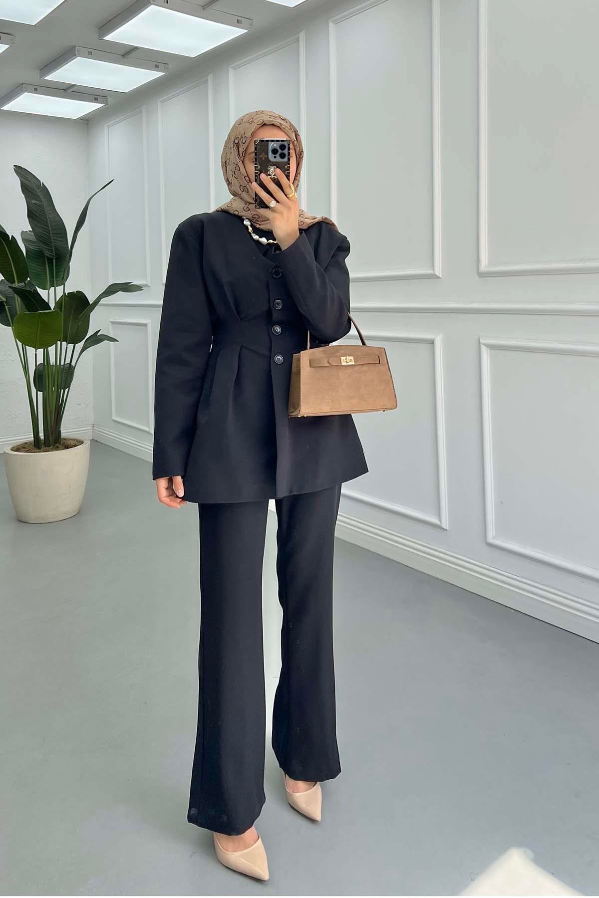 Sare Fashion Waist-Sealed Lined Jacket Set Black