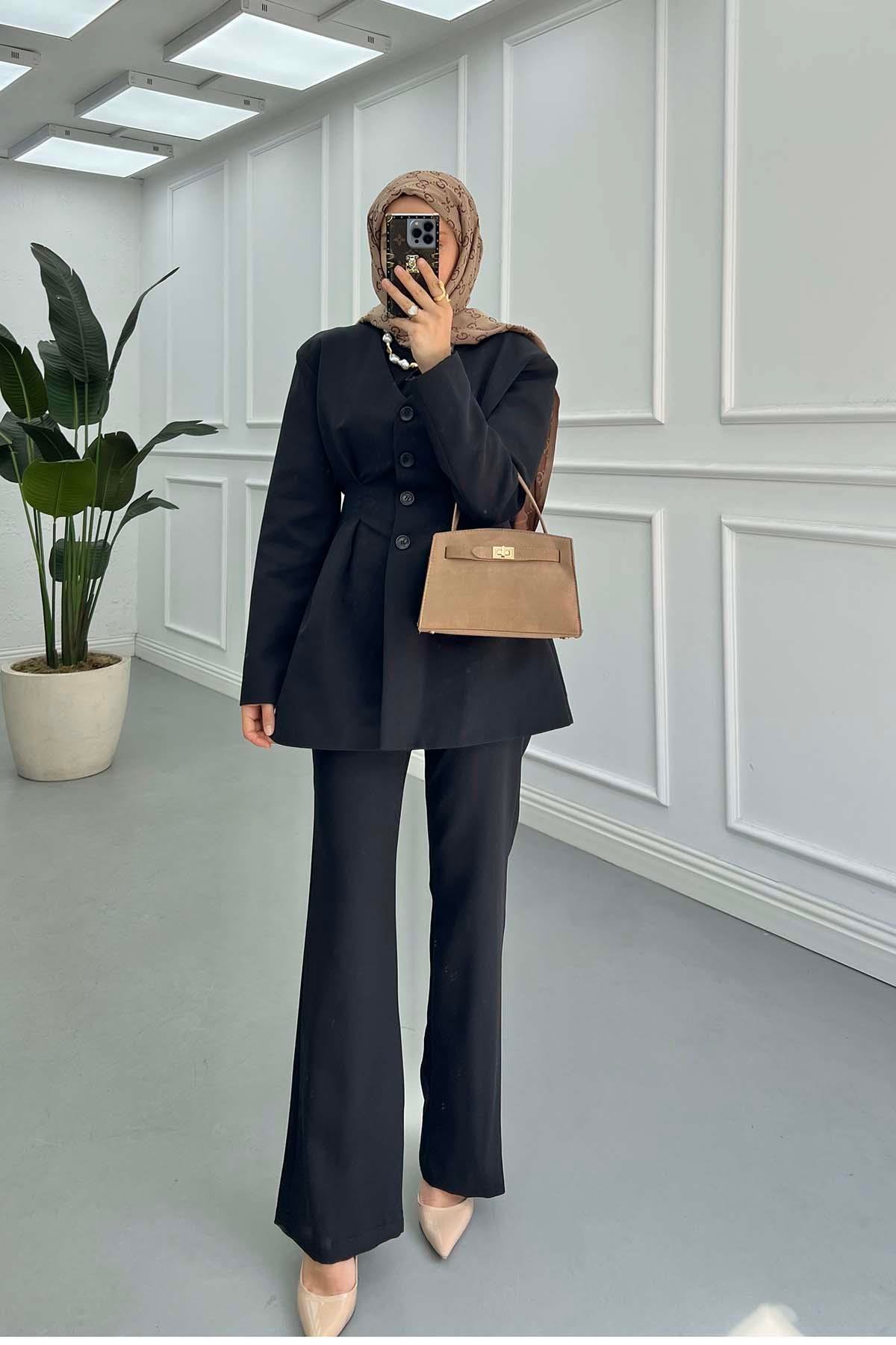 Sare Fashion Waist-Sealed Lined Jacket Set Black