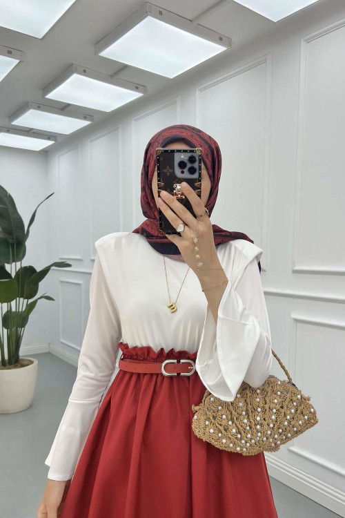 Sare Fashion Ruffle Waist Sleeve Detail Dress Burgundy