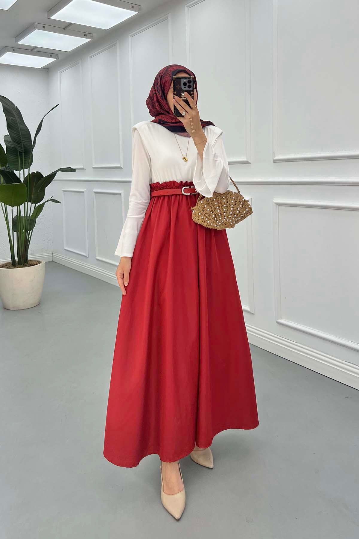 Sare Fashion Ruffle Waist Sleeve Detail Dress Burgundy