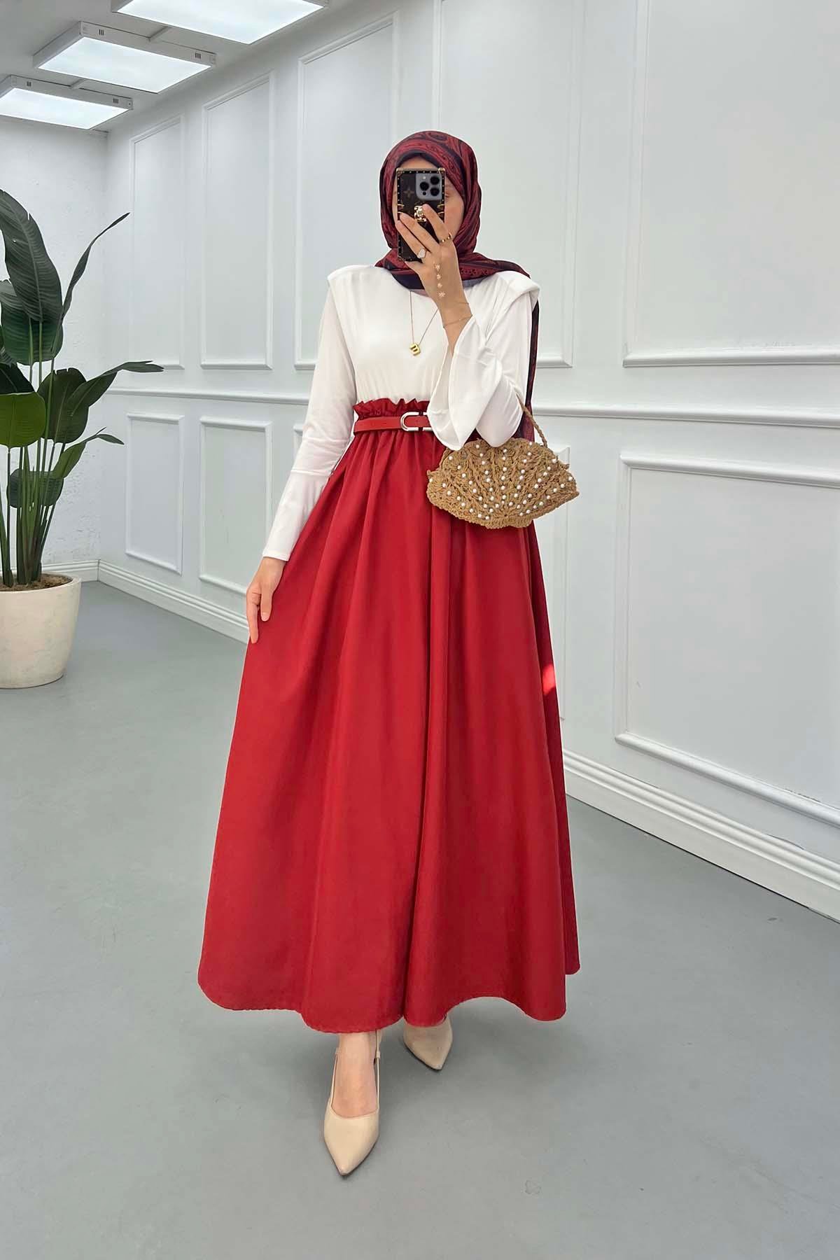 Sare Fashion Ruffle Waist Sleeve Detail Dress Burgundy