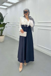 Sare Fashion Navy Blue Dress with Ruffled Waist and Sleeve Details