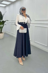 Sare Fashion Navy Blue Dress with Ruffled Waist and Sleeve Details
