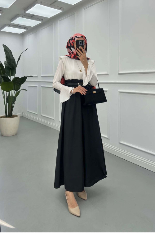 Sare Fashion Ruffle Waist Sleeve Detailed Dress Black