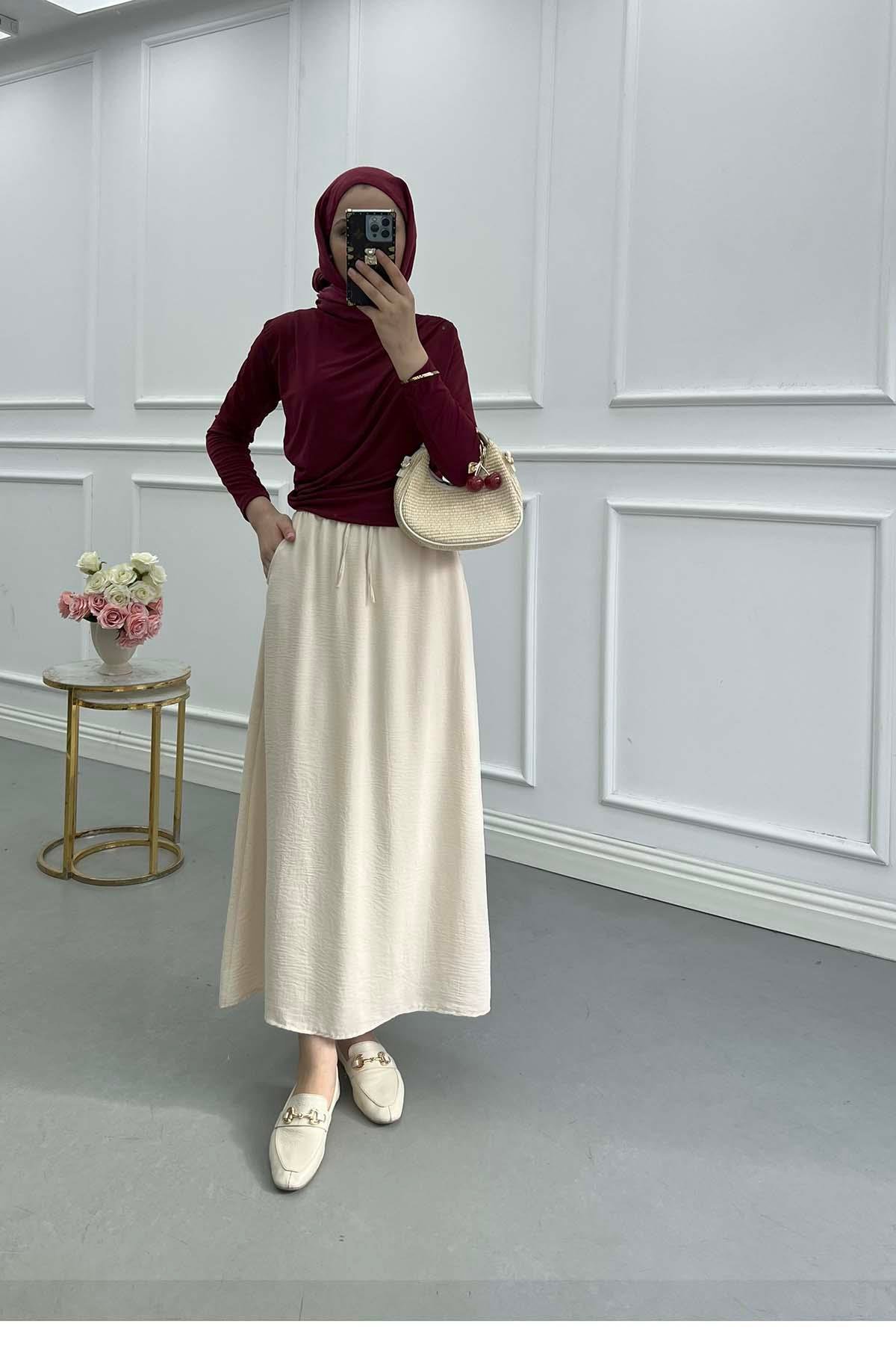 Sare Fashion Elastic Waist Aerobin Skirt Beige