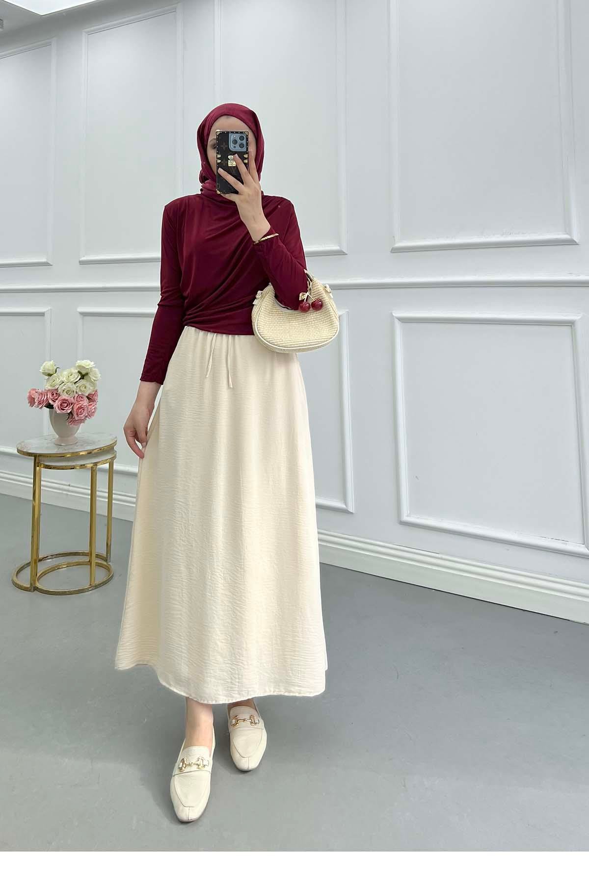 Sare Fashion Elastic Waist Aerobin Skirt Beige