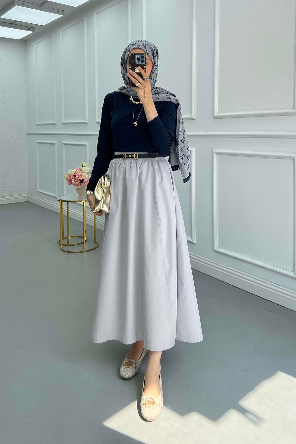 Sare Fashion Elastic Waist Pocket Detailed Skirt Gray
