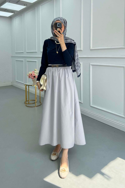 Sare Fashion Elastic Waist Pocket Detailed Skirt Gray