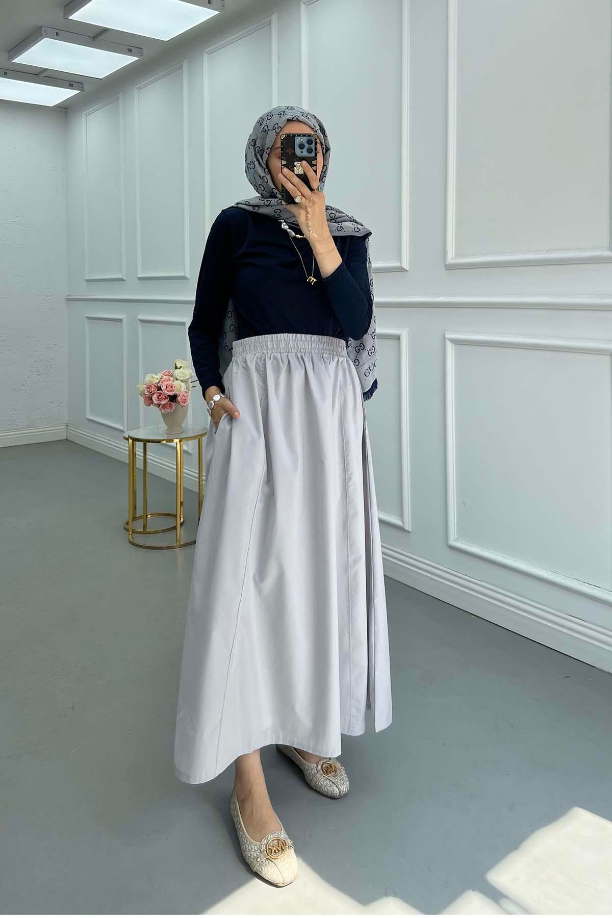 Sare Fashion Elastic Waist Pocket Detailed Skirt Gray