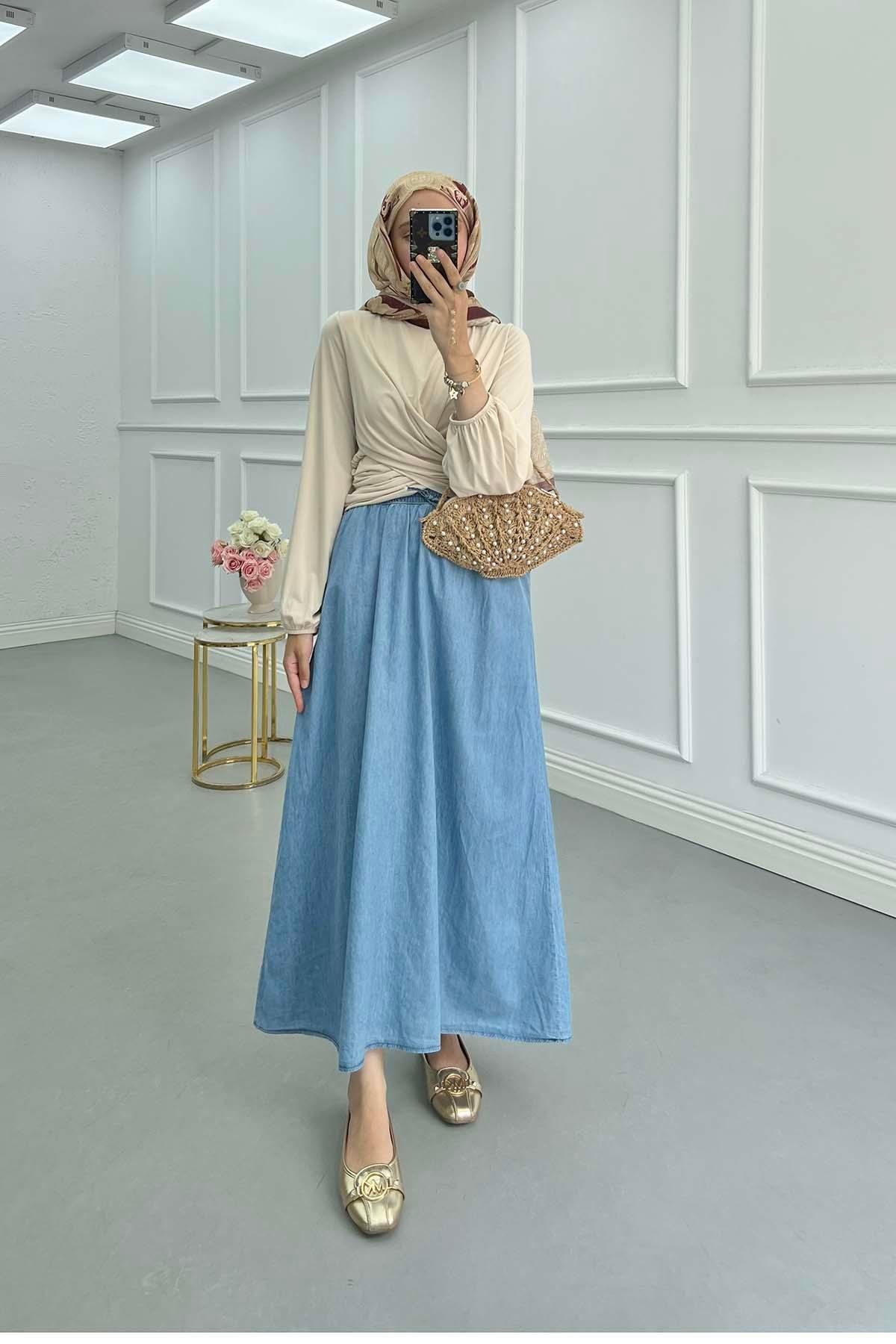 Sare Fashion Elastic Waist Pocket Denim Skirt Blue