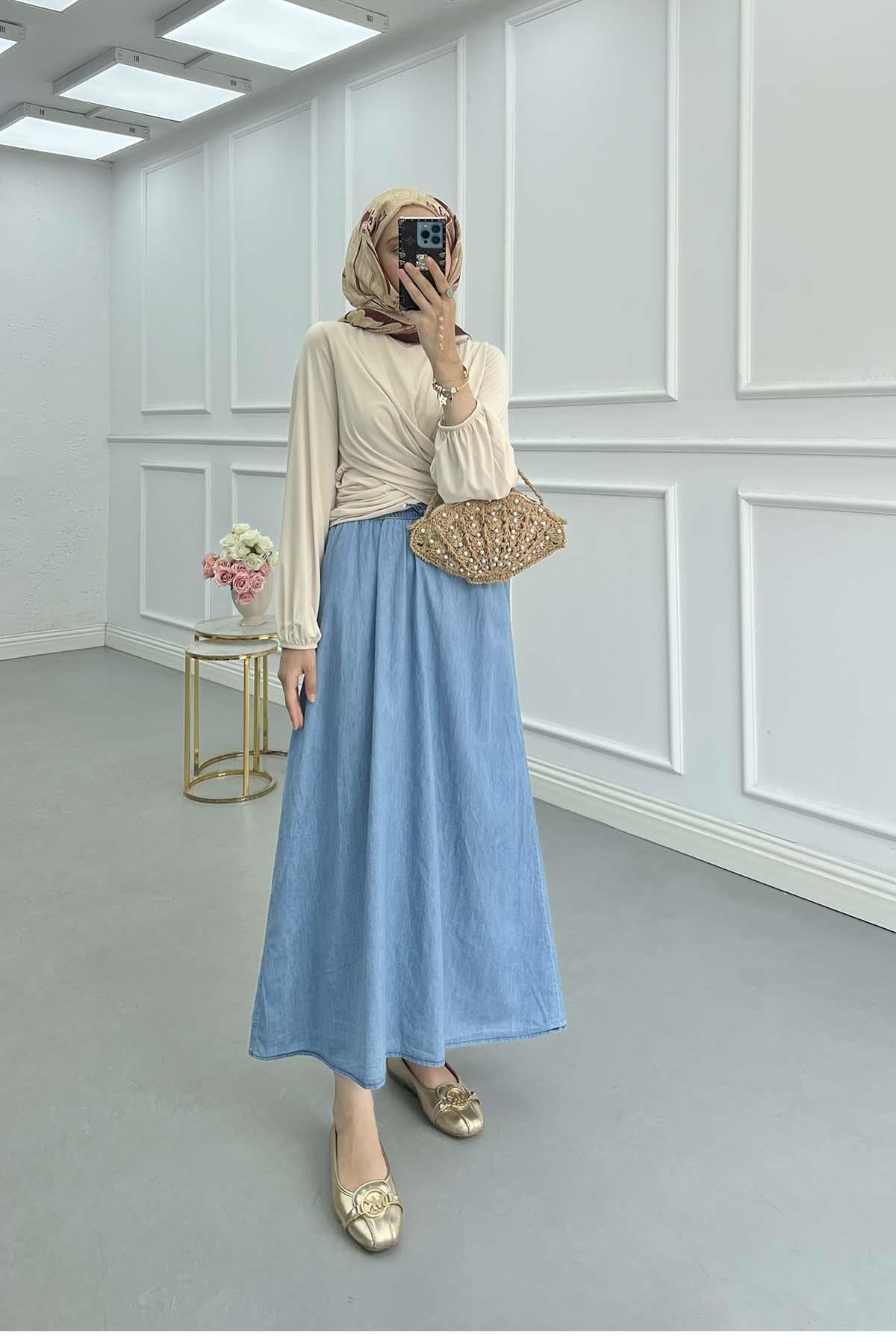 Sare Fashion Elastic Waist Pocket Denim Skirt Blue