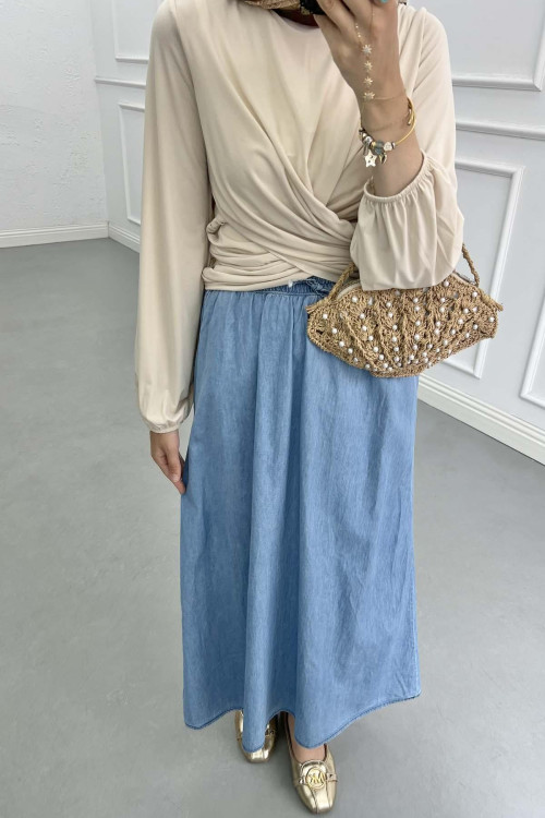 Sare Fashion Elastic Waist Pocket Denim Skirt Blue