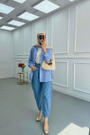 Sare Fashion Elastic Waist Double Button Jeans Light Blue
