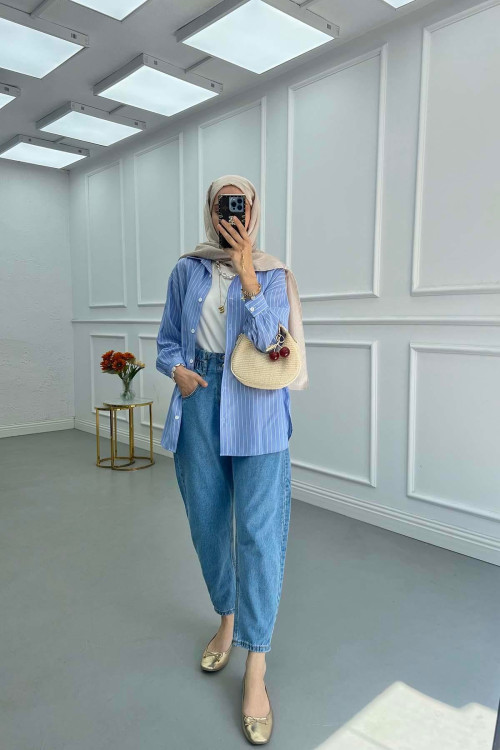 Sare Fashion Elastic Waist Double Button Jeans Light Blue